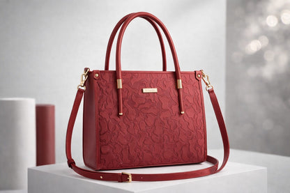 Wonder Mart Vienna Royale Embossed Tote Handbag in Royal red featuring premium faux leather, elegant embossed floral texture, gold-tone hardware, structured design, top handles, and detachable shoulder strap.