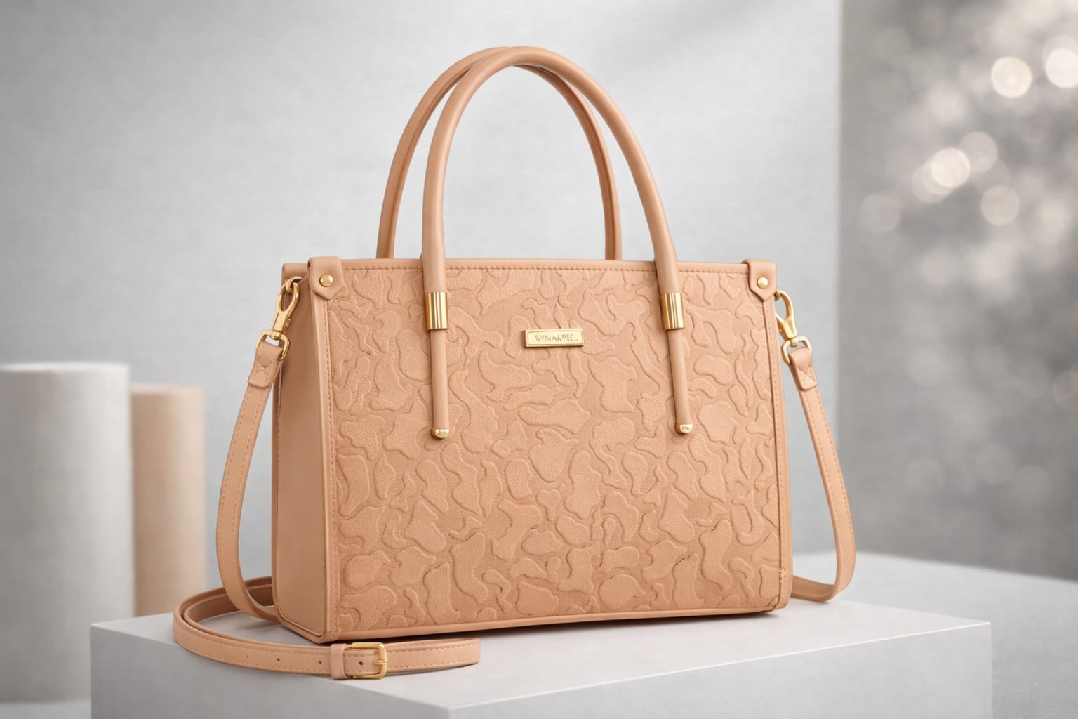 Wonder Mart Vienna Royale Embossed Tote Handbag in Royal royal baby pink featuring premium faux leather, elegant embossed floral texture, gold-tone hardware, structured design, top handles, and detachable shoulder strap.