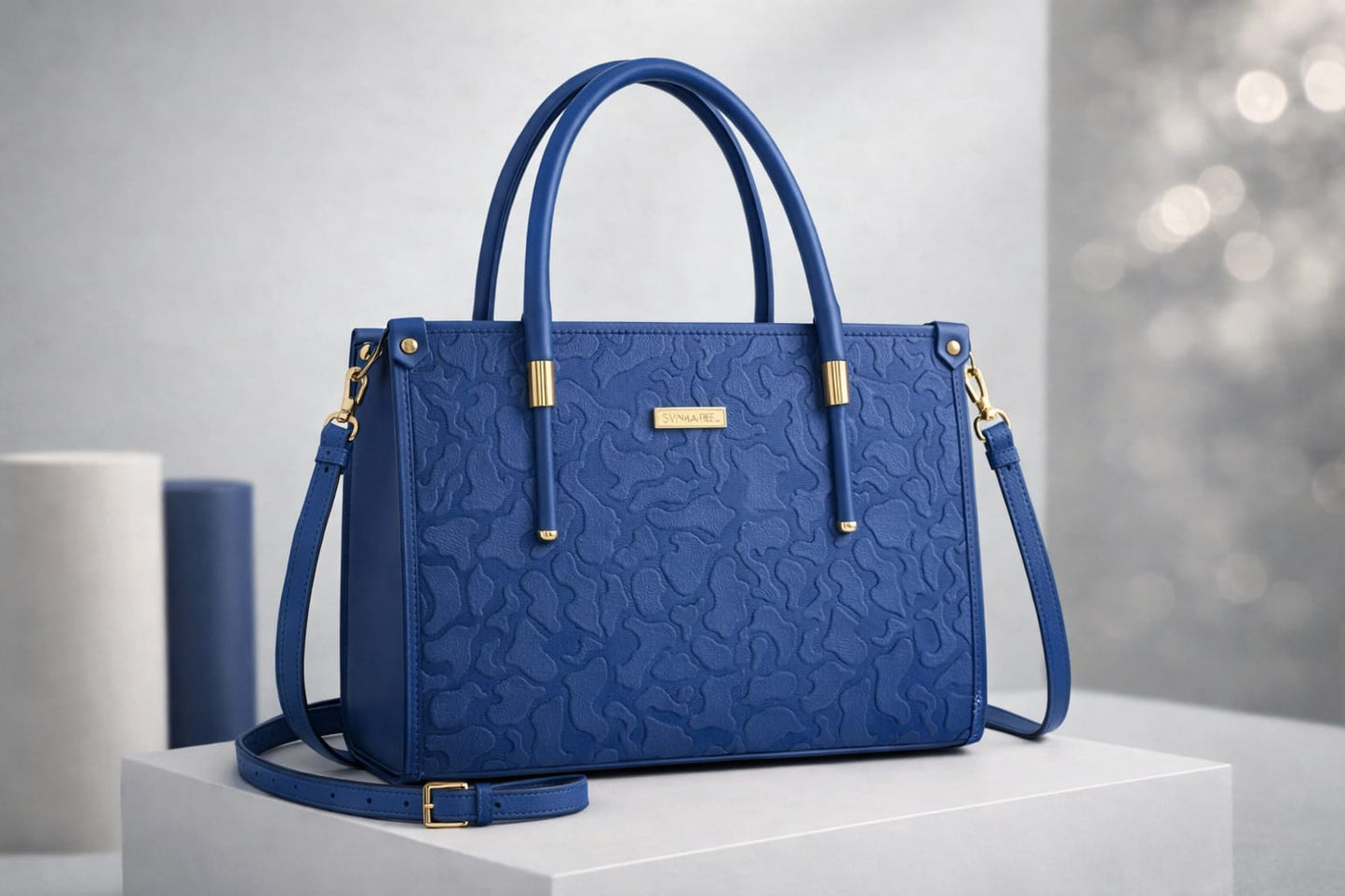Wonder Mart Vienna Royale Embossed Tote Handbag in Royal royal blue featuring premium faux leather, elegant embossed floral texture, gold-tone hardware, structured design, top handles, and detachable shoulder strap.