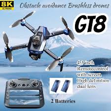 GT8 4k HD brushless drone with dual lens and obstacle avoidance sensors on white background.