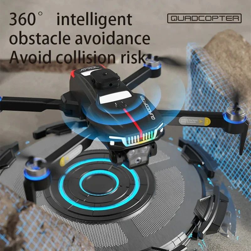 Quadcopter with 360-degree obstacle avoidance feature on a gray background