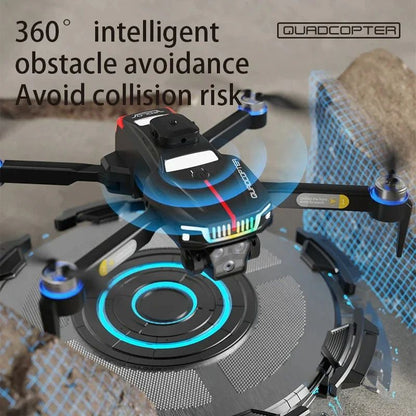 Quadcopter with 360-degree obstacle avoidance feature on a gray background