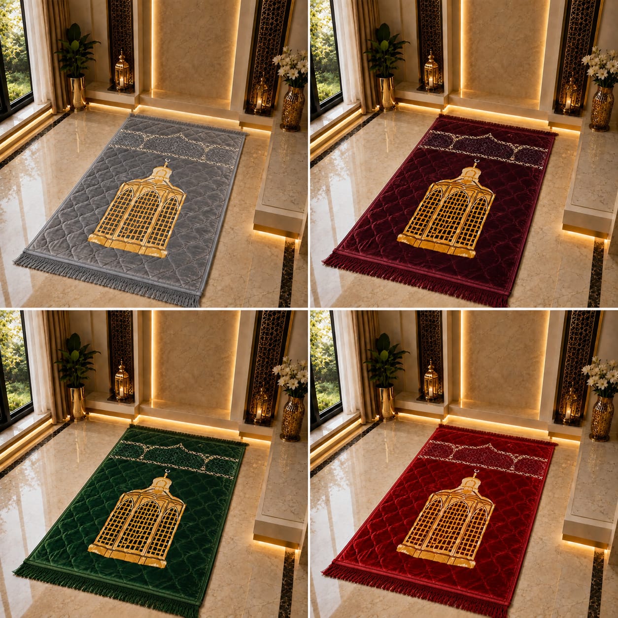 Four prayer rugs shown in a 2x2 grid, each in a different color: gray, burgundy, green, and red. Each rug features a large gold bird-of-paradise design in the center with gold geometric border details and a fringed edge.