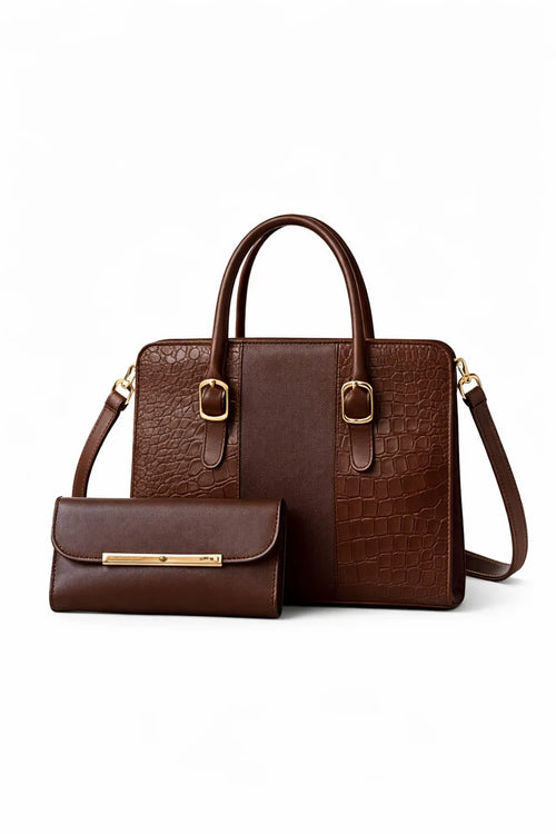 Wonder Mart Verona Croc Luxe 2-Piece Handbag Set with Matching Wallet | Women's Premium Faux Leather Shoulder & Tote Bag
